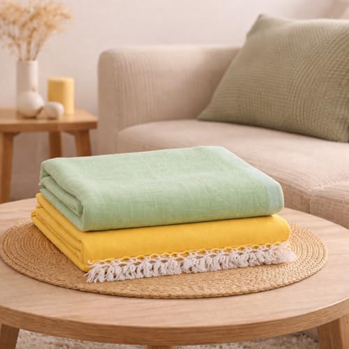 Image of OKTIC Bhagalpuri Chadar Original Combo Pack Set of 2 (Yellow Olive) | Eco Friendly Cotton Top Sheet for Summer Comfort, Skin Friendly Odhne Wali Chadar Bedsheet