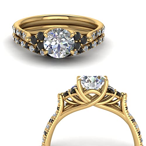 Image of Choose Your Gemstone Round Cut Petite Cathedral Wedding Ring Set Yellow Gold Plated Round Shape Wedding Ring Sets Matching Jewelry Wedding Jewelry Easy to Wear Gifts US Size 4 to 12