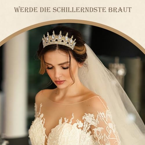 Krone Diadem Hochzeit Tiara Gold Runde Krone Mädchen Damen Glitzernde Prinzessin Barock Kronen Kristall Crown für Hochzeit Geburtstag Party Verlobung und Besondere Anlässe