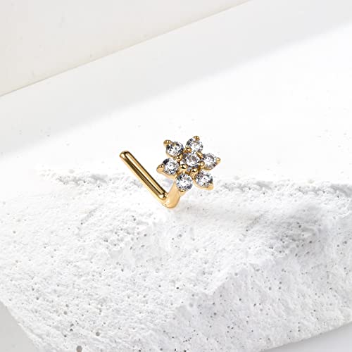 Cm Crareesi Mania 14K Real Gold Nose Rings 20G Nose Piercing Jewelry Flower Nose Rings Studs L-Shaped Solid Yellow Gold Nose Rings For Women #TOP1