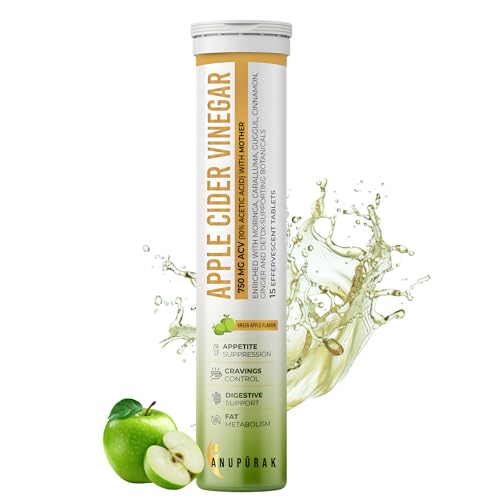 Image of ACV Effervescent Tablets - 750mg Apple Cider Vinegar with Mother | 11 Actives with Caralluma, Moringa & Ceylon Cinnamon | Appetite, Digestive & Metabolic Balance | Green Apple | 15 Tablets (Pack 1)
