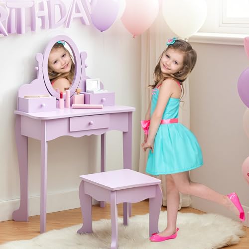 GarveeHome Girls' Vanity Set with Mirror, Makeup Table and Stool for Kids, Wood Dressup Playset for 4-9, Purple