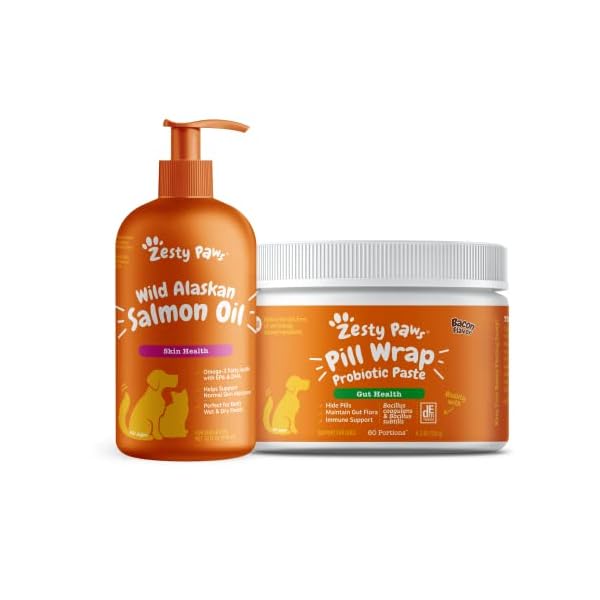 Pure Wild Alaskan Salmon Oil for Dogs & Cats - Omega 3 Skin & Coat Support + Pill Wrap Probiotic Paste for Dogs - Immune…