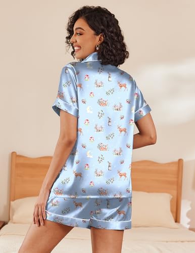 Image of Ekouaer Womens Silk Satin Pajama Sets Soft Short Sleeve Button Down Sleepwear Top and Shorts 2 Piece Pjs Lounge Set