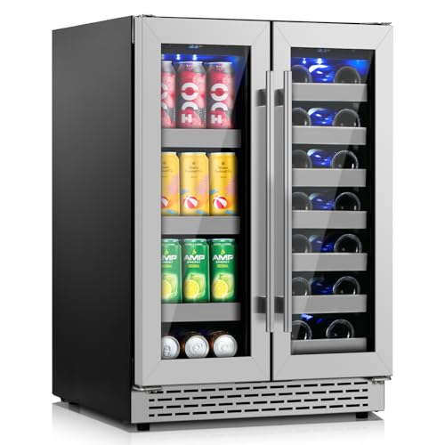Image of 24 Inch Wine and Beverage Refrigerator, Dual Zone Wine Fridge Under Counter, 20 Bottle & 88 Cans Wine Cooler Refrigerator with Glass Door & Stainless Steel Shelves for Beer Commercial Office