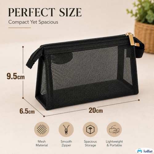 Image of FunBlast Mesh Pencil Case with Smooth Zipper, Single Layer Multi-Purpose Stationary & Pen Pouch for Boys & Girls, Transparent Stationary Bag, Organizer Pouch for Student (Black-D)