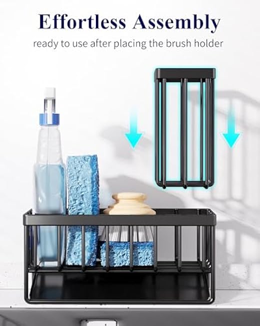 Kitsure Sponge Holder for Kitchen Sink - Rustproof Stainless Steel Sink Caddy Organization and Storage Essentials with High Brush Holder, Home Decor Accessories, 7.9 x 3.7 x 6.2, Black