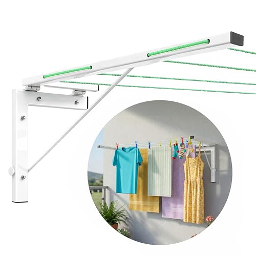 Image of Foldable Wall Mount Cloth Drying Stand | Heavy Load Capacity: Up to150 Kg | Dress Drying Hanger and Rope Metal Pipe | for Indoor, Outdoor and Balcony | (White, Pack of 1)