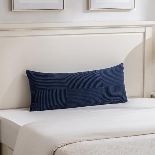 Image of Fancy Homi Set of 2 Navy Blue Boho Long Lumbar Body Decorative Throw Pillow Cover 14x36 Inch for Bed Couch Bedroom Bench, Soft Patchwork Corduroy Textured Pillow Case, Rustic Farmhouse Room Decor