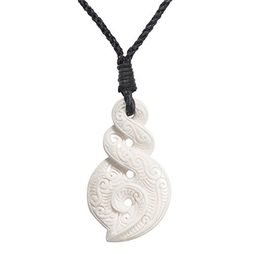 Collier Amulette Surfer Hawaï en Os - Pendentif Double Pikorua Maori et Koru Gravé