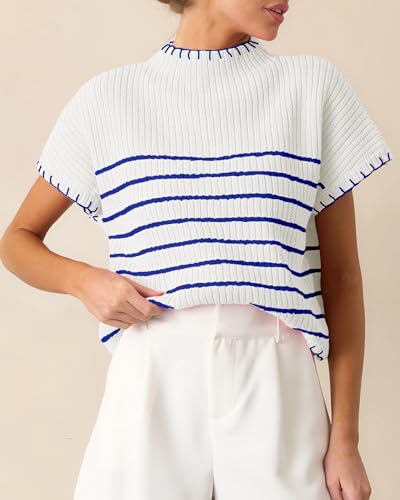 Women's 2025 Fall Winter Striped Short Sleeve Sweater Mock Neck Ribbed Trendy Knit Pullover Vest Tops2