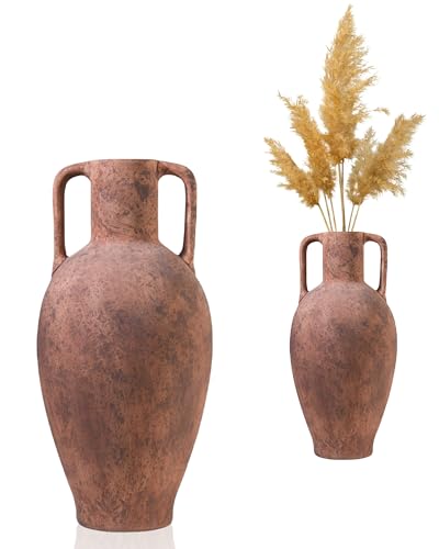 UPWOIGH 20.5in(52 CM) Tall Large Vintage Ceramic Floor Vase with Handles, Antique Terracotta Pottery Featuring Beige Speckles and Distressed Brown Details, Rustic Farmhouse Decor for Living Room,1Pack