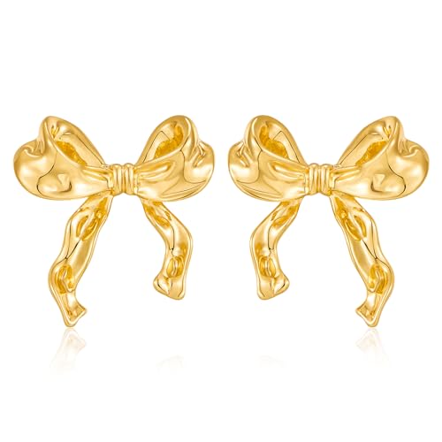 TONLUYAX Gold Bow Earrings for Women Cute Textured Bow Stud Earrings for Christmas Holiday Party