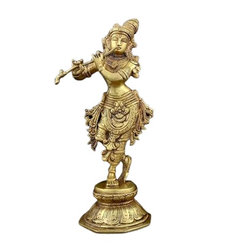 Vintage Brass Lord Krishna Idol - Antique Gold Finish -1