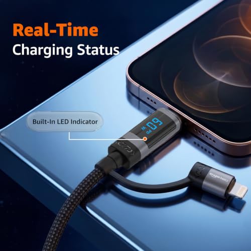 Image of amazon basics 100W Magnetic Charging Cable with LED Indicator, Self-winding, 480Mbps, 4 Ports (2 Type-C, Type-A, Apple Connector), 1.3M Length, For Laptops, Tablets, & High-power Devices (Black)