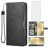 Compatible with Samsung Galaxy A35 5G Wallet Case Tempered Glass Screen Protector and Wrist Strap Leather Flip Cover Card Holder Stand Cell Accessories Phone Cases for A 35 35A A355G Women Men Black