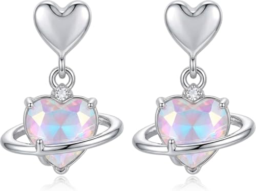 KuchhBhiKharido Silver-Toned Heart Stud Dangle Earrings with Iridescent Planet Design