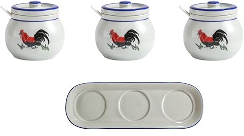 Tarros de especias retro de cerámica para condimentos, sal y glutamato monosódico, tarro de condimento para cocina casera con tapa, cuchara, aceite