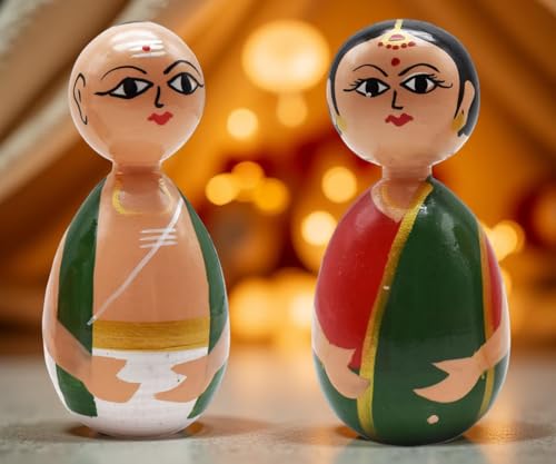 Image of Channapatna Wooden Decorative Dolls, Traditional Indian Art, Hand-Painted Figurines, Set of 2