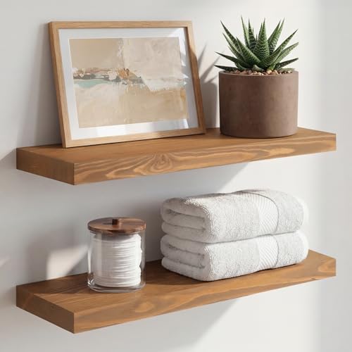 Homeforia 20 inch Golden Oak Floating Shelf, High End Solid Real Wood 20inch Small Floating Shelves for Wall Mounted, Oak Wooden 20in Floating Shelves, Heavy Duty Bracket, 20 X 6.5 X 1.75 in, Set of 2