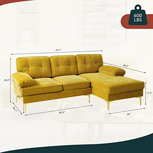 Leisland 79" Modern Sectional Sofa Couch For Living Room, Small Couches For Small Spaces, Chenille L Shaped Sofas With Solid Wood Frame, Detachable Cover, Attached Armrest, Easy To Install(Golden) #TOP1