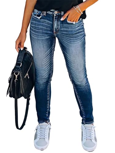 Flamingals Skinny Leg Jeans for Women Mid Waist Casual Wash Raw Hem Stretchy Denim Jeans