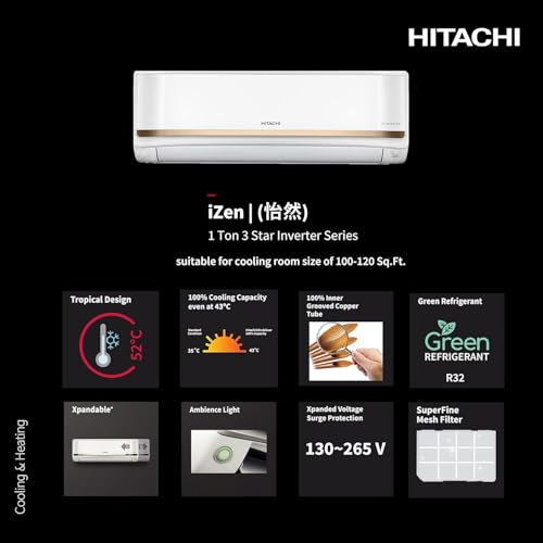 Image of Hitachi 1 Ton 3 Star ice Clean Xpandable Plus Inverter Split AC (100% Copper, 4 Way Swing, Dust Filter, iZen 3400SXL, R32-RAS.G312PCBISS, Dual Gold)