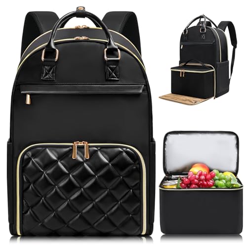 Jetviivid Lunch Backpack, 15.6 Inch Laptop Backpack with Insulated Cooler Lunch box, Womens Work Backpack for Business Teacher Nurse Travel Commuter College Daily, Black