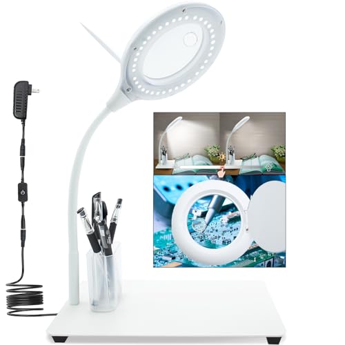 Dexspoeny 2-in-1 10X Magnifying Glass with Light and Stand, LED Magnifying Desk Lamp with Large Base, Adjustable Gooseneck Led Lighted Magnifier for Close Work Crafts Repair Painting Sewing (White)