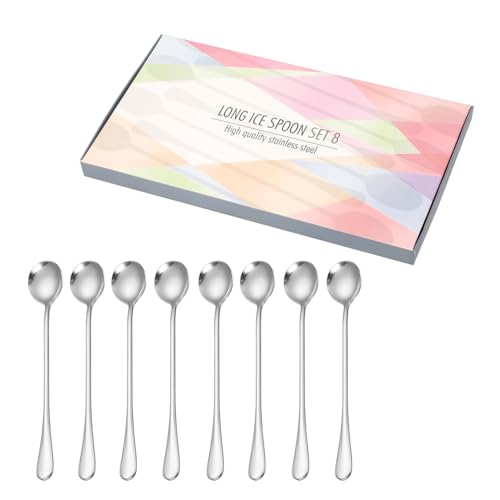 ONUIFIKE Silverware Set, 8 Pieces Stainless Steel Thickened Summer Drink Stirring Spoons Creative Simple Gift Box Set Round Head Ice Spoon, Home Cutlery Flatware Set(Silver)