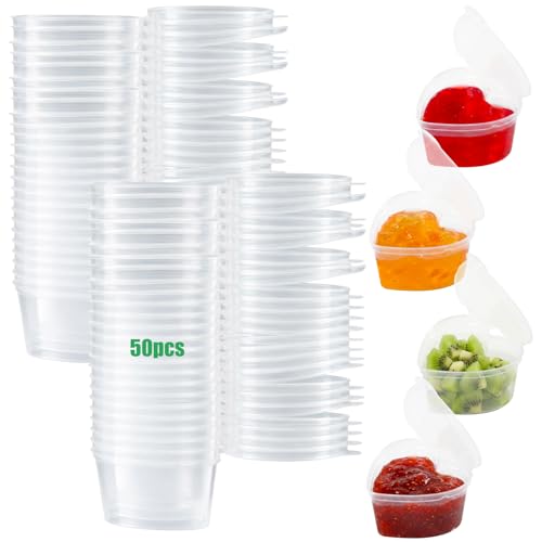 DTFMZOV 50 Sets 1.5 oz Heart Shaped Jello Shot Cups with Lids, Disposable Plastic Heart Shape Cups, Small Condiment Containers, Clear Dipping Sauce Cups for Sauce,Samples, Desserts and Crafts