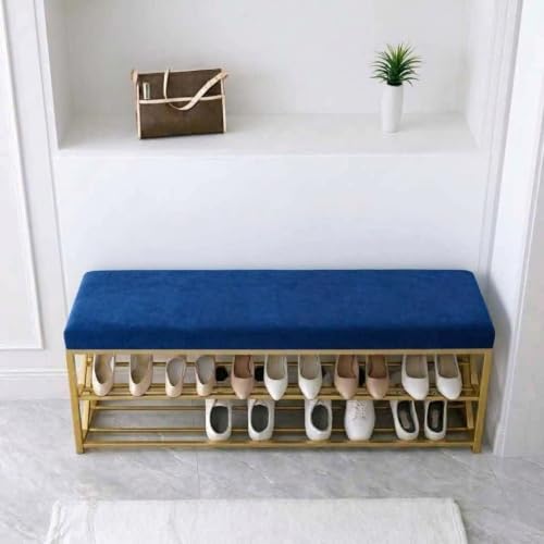 Image of Entryway Shoe Rack with Cushioned Seat, Shoe Bench for Entry, 2 Shelves Storage Bed Bench
