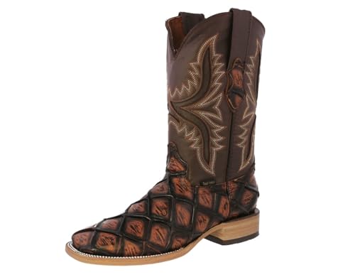 Texas Legacy Mens Cognac Western Boots Pirarucu Fish Print Leather Square Toe