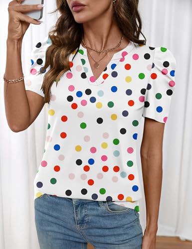 Image of LOMON Spring Summer Tops for Women 2026 V Neck Puff Short Sleeve Tops Fashion Trendy Work Blouses Dressy Casual S-XXL