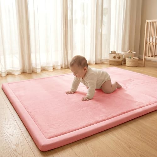 Image of ACOMOPACK Baby Play Mat for Floor,1.3 inch Thick Elasti-Foam 59 inchx71 inch Non-Slip Water Repellent,Non-Toxic Playpen Mat for Infants Toddlers Kids, Ultra Soft Coral Velvet for Tummy Time Crawling(Pink)