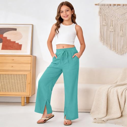 Image of Girls Linen Pants Wide Leg School Uniform Pants Cozy Elastic Waist Summer Casual Beach Lounge Trousers with Pockets