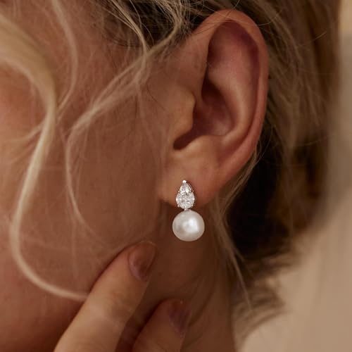 Pearl Earrings for Women, 14k Gold Plated CZ Formal Pearl Stud Earring Hypoallergenic Gold Earrings for Women Trendy Dainty Bridal Pearls Drop Earrings Fashion Wedding Jewelry2