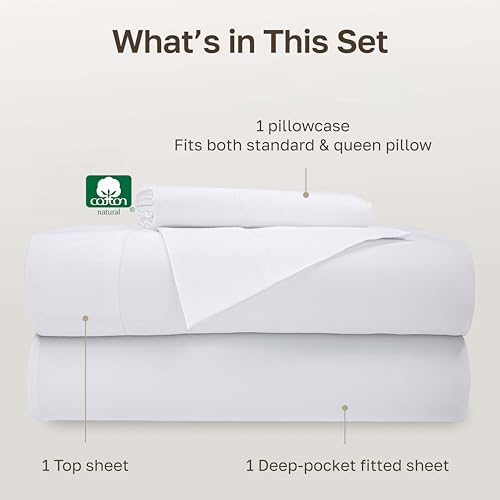 Image of California Design Den Twin Size Sheet Set - 100% Cotton, 500 Thread Count Sateen, Deep Pocket Bed Sheets with Fitted Elastic Sheet, Soft Luxury - White