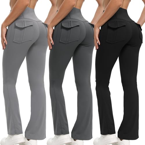 Womens Flare Leggings with Pockets High Waisted Butt Lifting No Front Seam Tummy Control Bootcut Yoga Pants for Women