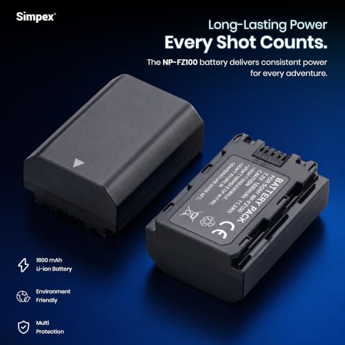 Image of Simpex NP-FZ100 Rechargeable Camera Battery 7.2V Li-ion Replacement Battery Compatible with Sony Alpha A9, A7 III, A7R III, A7R3, A73 & NP-FZ100 Supported Mirrorless Cameras(Black)