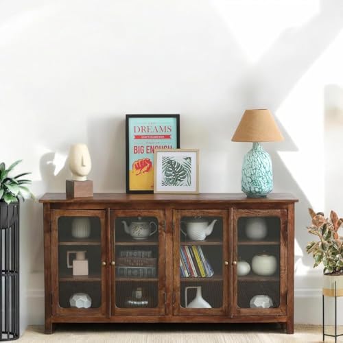Image of Solid Wood Madrid 4-Door Glass Sideboard Cabinet | Crockery | Kitchen Cabinet | Finish - Scratch Resistant Tubaq