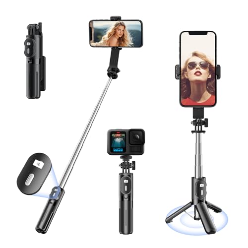 Image of KINGONE Mini Selfie Stick Tripod, Extendable Phone Stand with Bluetooth Remote 71cm, Portable Tripod Selfie Stick for iPhone /Samsung /GoPro, Mobile Selfie Stick with Tripod Stand, Black