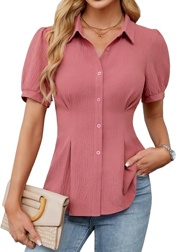 Blooming Jelly Womens Buisness Casual Tops Work Button Down Shirts Peplum Dressy Blouses Trendy Summer Outfits 2025 (X-Large,Pink)