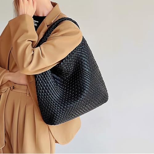 Image of Woven Tote Bag for Women with Purse, Vegan Leather Hobo Bags Large Handmade Underarm Shoulder Bag