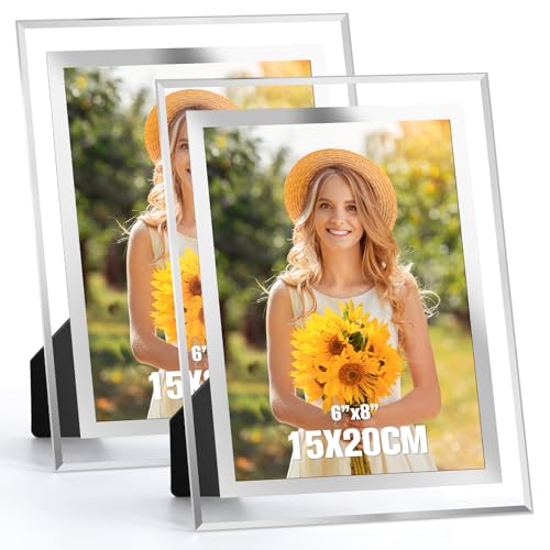 Acrrynii 2 Pezzi Cornice Foto 15x20 cm in Vetro, Cornici per Foto 20x15, Moderno Trasparente Portafoto da Tavolo in Argento per Matrimonio, Case, Ufficio, Regalo, Orizzontale o Verticale