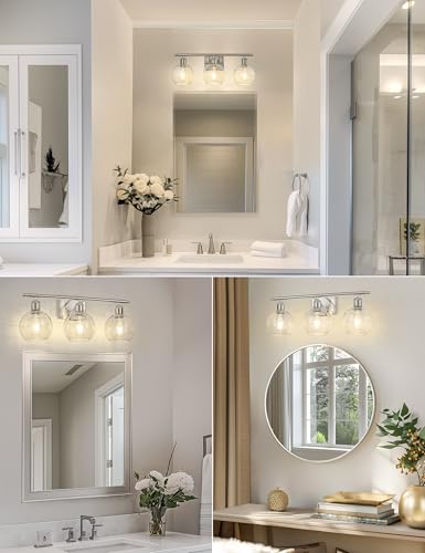 Image of DORESshop 3-Light Bathroom Vanity Light Over Mirror, 24 Inch Brushed Nickel Bathroom Light Fixtures with Clear Glass Globe Shade, Modern Vanity Lights for Bathroom, Mirror, Living Room, Bedroom