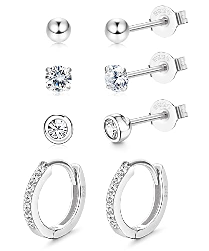 CASSIECA 4 Pares Pendientes Plata de Ley 925 para Mujer Niñas aros circoniña pendientes pequeño pendientes Cartílago Pendientes Hipoalergénicos Piercing Oreja Joyería Plata Cover