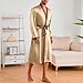 Mens Silk Satin Kimono Robe Set, Soft Comfy Long Sleeve Lace-Up Bathrobe Pajama with Shorts Beige