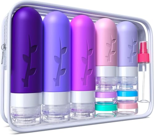 Image of Aeomini 19 Pack Purple Travel Bottles for Toiletries, Silicone TSA Approved Travel Size Containers, Leak Proof Refillable Accessories for Shampoo Conditioner Lotion