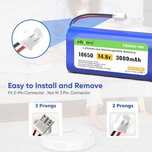 Image of 14.8V 3000mAh Li-ion Replacement Battery for Shark Ion Robot - Compatible with RV850, RV850BRN, RV851WV, RV871, RV871C, RV720N, RV761, RV1000S, UR1000SR - 2 Prong Connector